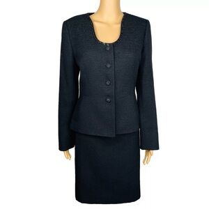 Tahari ASL Polyester Metallic Skirt Suit Black Embellished Collarless 2PC